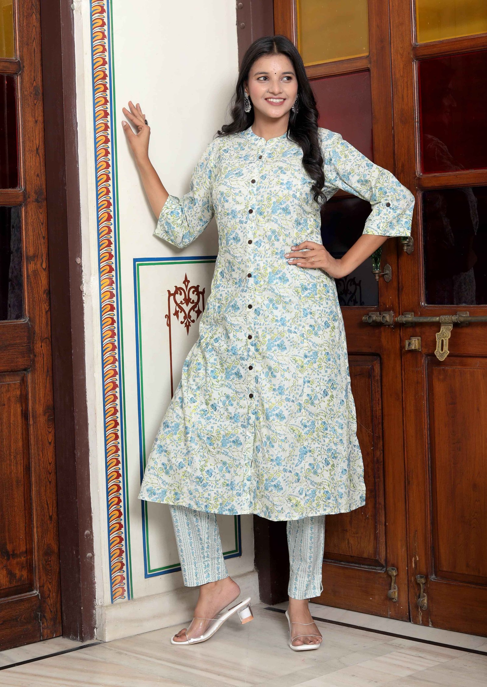 Ice blue  Princess Seam Kurti with Subtle Floral Print & Front Button Placket